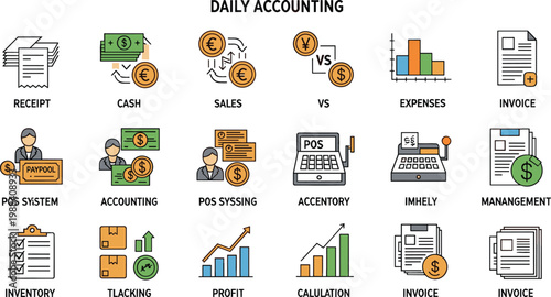 Daily accounting and financial management icons set featuring invoices, expenses, cash flow, POS system, sales tracking, profit calculation and business finance vector illustration