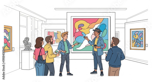 People admire abstract art in a modern gallery exhibition.