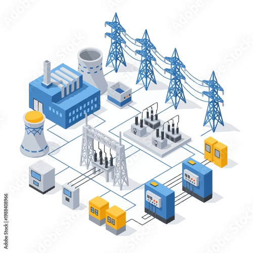 Modern Power Plant and Electrical Grid Infrastructure Isometric Illustration.