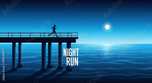 Silhouette Of A Runner On A Pier Under The Night Sky With The Moon Glowing