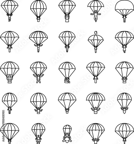 Skydiver and Parachute Line Art Icons Collection