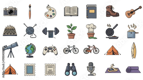 Variety of Hobbies: A vibrant collection of icons representing various hobbies and activities, including painting, reading, hiking, and travel.