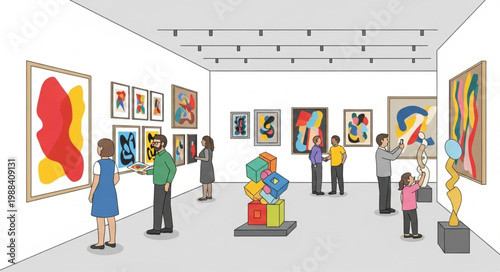 People admire abstract paintings and sculptures in a modern art gallery exhibition.