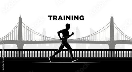 Silhouette Of A Runner Training Near The Bridge Symbolizing Fitness And Endurance, Black And White