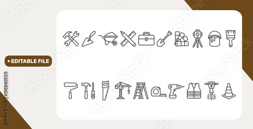 Tools icons set. Wrench, screwdriver icon. Construction tool icon collection. Shovel, hammer, brush, saw, drill, crane and more - stock vector. 