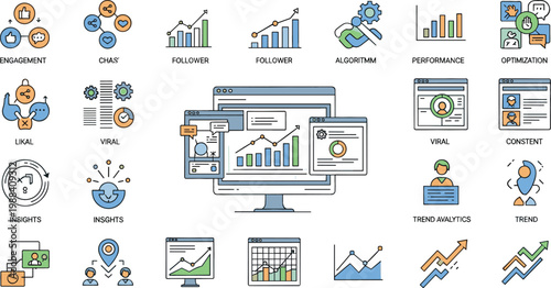 Digital marketing and SEO analytics icons set featuring keyword research, performance tracking, content optimization, traffic growth, user engagement and data visualization vector illustration