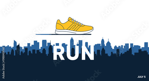 Silhouette Of A Shoe Above City Skyline With The Word Run And Athleticism Concept