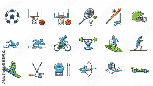 Sports Icons: A vibrant collection of sports icons, each representing a different athletic activity. This image is perfect for illustrating concepts of fitness, competition, and healthy lifestyles.