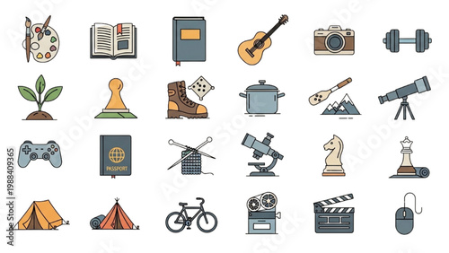 Iconic Hobby Set: A collection of meticulously designed icons representing a diverse range of hobbies, interests, and passions, inviting viewers to explore the realms of creativity, leisure.