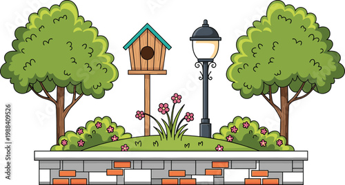 Scenic Park Design with Two Trees, Birdhouse, Lamp Post, and Flowers for Outdoor, Garden, and Nature Concepts