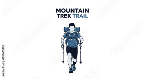 Silhouette Of Adventurer Hiking Mountain Trail With Backpack and Walking Poles
