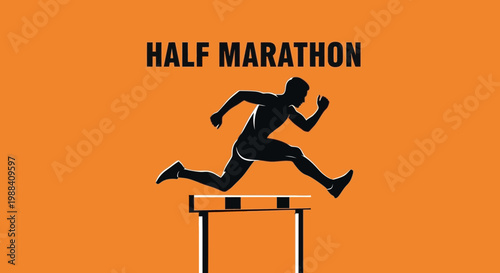 Silhouette Of Athlete Jumping Over Hurdle During Half Marathon Against Orange Background