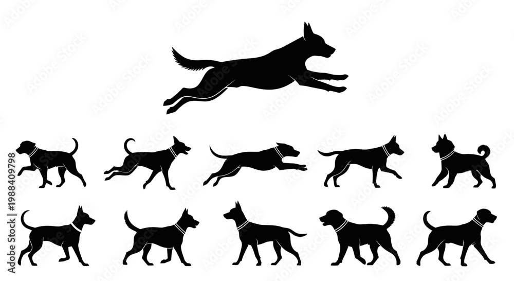 Obraz premium Silhouette Of Dogs In Various Poses, Perfect For Design And Illustrative Projects