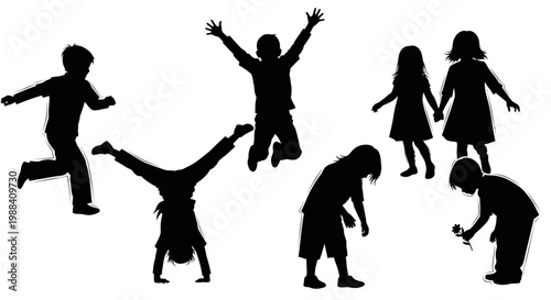 Silhouette Of Children Interacting In Various Activities: Running, Playing, and Exploring
