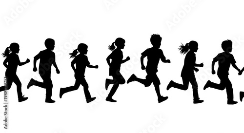 Silhouette Of Children Running Depicting Movement, Activity And Exuberance On White Background