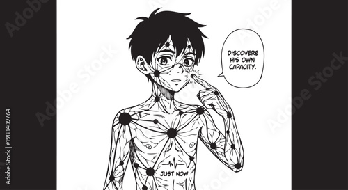 Manga boy with circuitry on body thinking