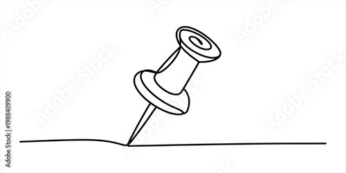 Continuous line drawing of a single pushpin pinned into a horizontal surface line. Vector, illustration