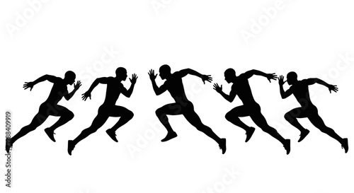 Silhouette Of Five Runners In Full Sprint, Dynamic Motion, Athletic Competition, White Background