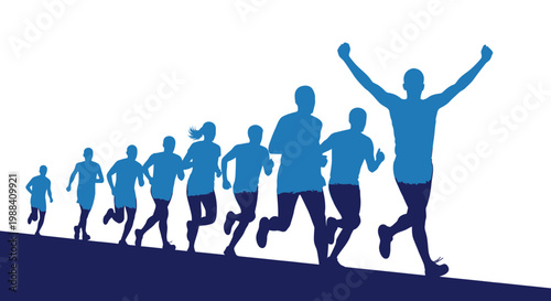 Silhouette Of Group Running A Marathon With A Winner In The Front Raising Arms In Victory