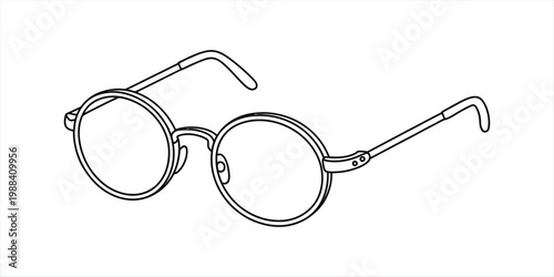 Simple line drawing of a pair of round glasses with thin frames and temple tips. Vector, illustration