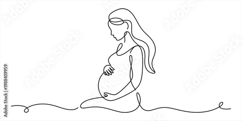 Minimalist continuous line drawing of a pregnant woman holding her belly gracefully Vector, illustration