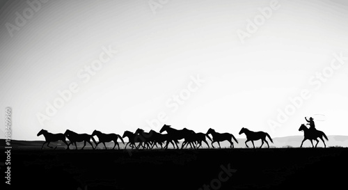 Silhouette Of Horses With A Cowboy Galloping Across The Horizon In Black And White