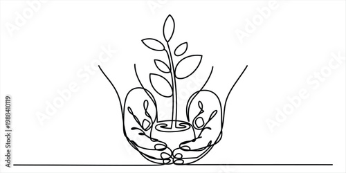 Continuous line drawing of two hands holding a small growing plant sapling for environmental care Vector, illustration