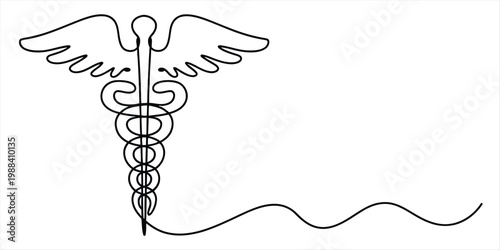 Minimalist one line drawing of a caduceus medical symbol with wings and snakes on white background Vector, illustration