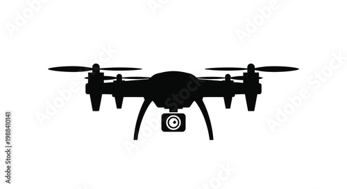 A black silhouette of a modern quadcopter drone showcasing its propellers and camera system high quality