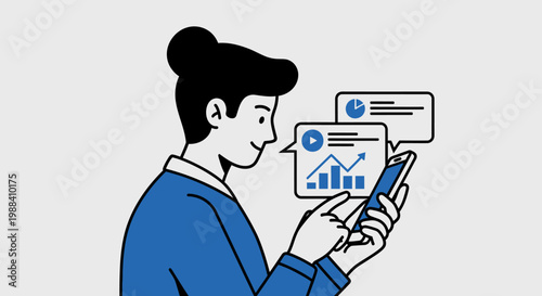 Businesswoman analyzing data on smartphone with graph charts in speech bubbles