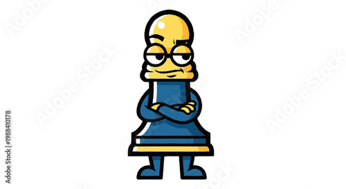 Cartoon chess pawn with arms crossed against white background