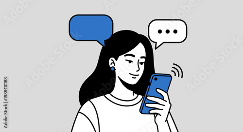 Woman engaging in online chat on smartphone with speech bubbles in minimalist design