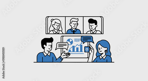 Online meeting with colleagues engaged in video conference and data presentation