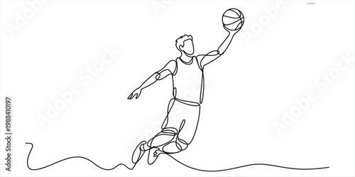 Continuous line drawing of a professional basketball player jumping high for a slam dunk. Vector, illustration