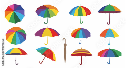 Multicolor umbrella vector illustration set rainy season cartoon design elements isolated on white