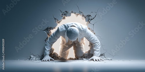 Determined businessman breaking wall barrier representing overcoming limitations, resilience, strength, and achieving success in competitive global business environments effectively today