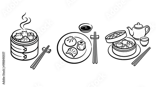Delicious Dim Sum Illustration with Chopsticks and Tea Set.