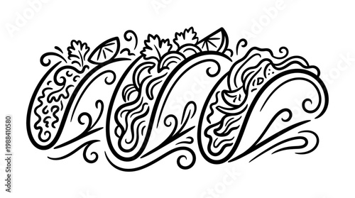 Delicious Hand-Drawn Tacos with Fresh Ingredients and Garnishes.