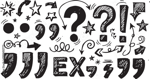 Collection of hand drawn black doodle symbols including arrows, question mark, exclamation point, star, and squiggle