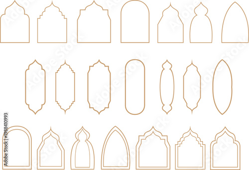 Collection of oriental style islamic vector shapes of a window or door arch mosque gate islamic arabesque pattern arab frame set on transparent background ramadan kareem silhouette icon set.