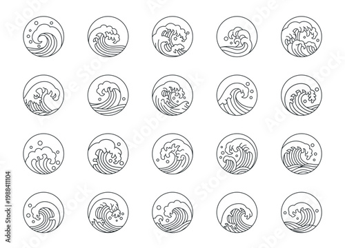 Japanese sea wave circle badges. Ocean waves tattoo graphic, logo or emblem. Fresh water splashes marine decoration, hand drawn wavy pattern. Vintage nautical oriental stickers. Vector isolated set