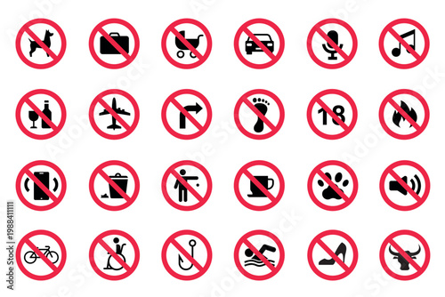 Prohibition icons, red slash signs, forbidden pets luggage alcohol fire noise swimming bicycle. Safety rules pictograms, public place signage, hotel airport restaurant. Isolated vector set