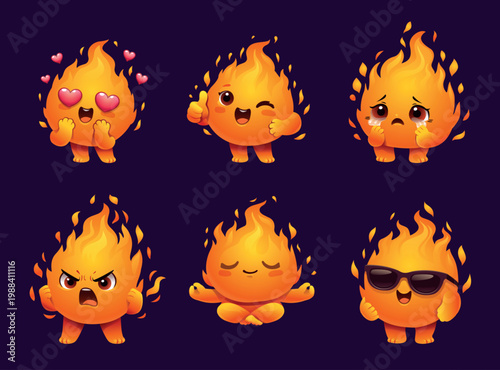 Fire mascot. Cute cartoon flame character with funny face, cheerful blaze kawaii emoji, thumbs up, love and happy, meditation expression. Power, burning and energy, heat vector isolated emoticon