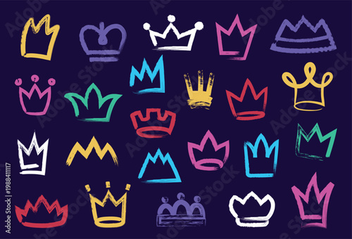Crown doodle color paint. Freehand graffiti tiara, abstract grunge ink princess, queen and king, prince distressed stroke classic crowns royalty symbol. Premium award prize emblem. Vector isolated set