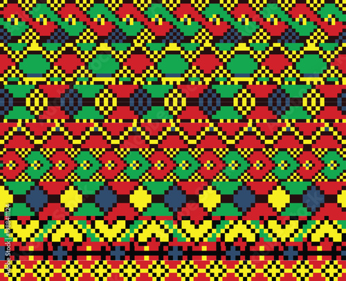 Vibrant Kente style geometric pattern with ethnic pixel art motifs and traditional African-inspired textile design.
