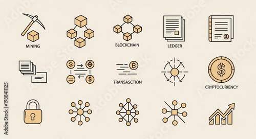 Blockchain Technology and Cryptocurrency Icons Set.