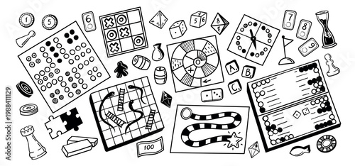 Board game doodle vector set with tabletop strategy and family leisure games, dice, chips, pawn, domino, puzzle, tic tac toe, snake and ladder, spinner, hourglass and backgammon outline