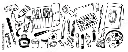 Art tools doodle supplies for painting drawing and sketching, artist studio brushes palette pencil crayon marker pen fountain ink bottle tube roller knife sharpener, black and white vector outline