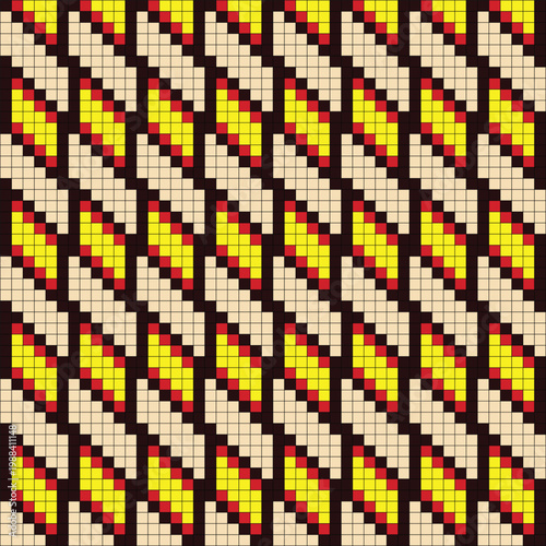 Seamless geometric pixel art pattern with yellow and red diagonal motifs and traditional ethnic textile design.

