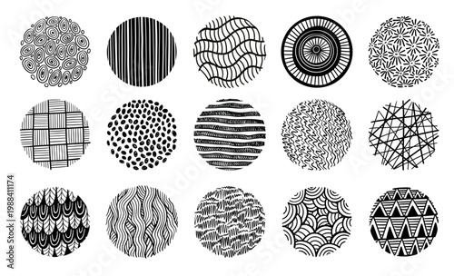 Pattern texture circle doodle patterns with circular geometric ornamental motifs, hand drawn abstract round elements, stripes, lines, dots, waves and mosaic in black monochrome vector